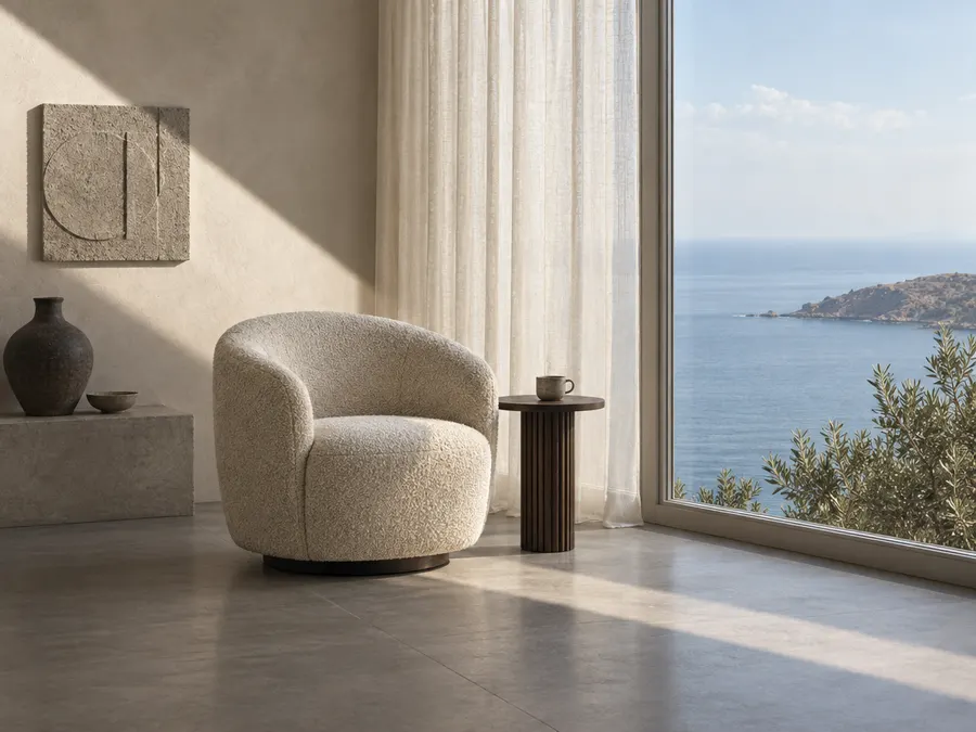Minimalist coastal living room with a bouclé chair (generated from the prompt)