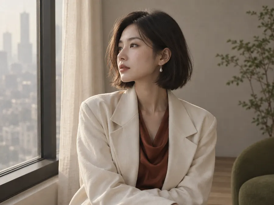 窗边身穿米白西装外套的女性（用提示词生成）