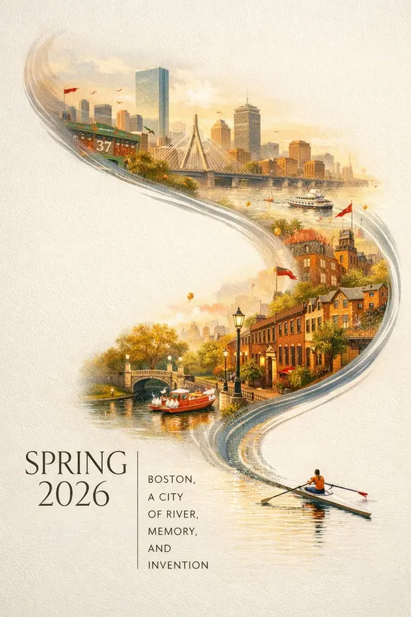 Illustrated Boston poster with a winding river ribbon